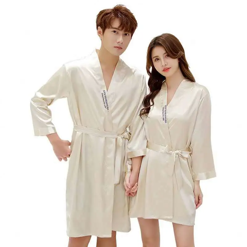 2pcs Funic Women and Men Sexy Sleepwear Satin Nightdress Pajamas Set