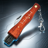 Couteau à champignons pliant en acier inoxydable 3Cr13 avec manche en bois, brosse de nettoyage et porte-clés pour activités de plein air