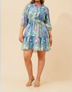 Minivestido bohemio con estampado de Paisley para mujer, con mangas cortas, cintura con cinturón y falda escalonada para vacaciones de verano - Product Image 5