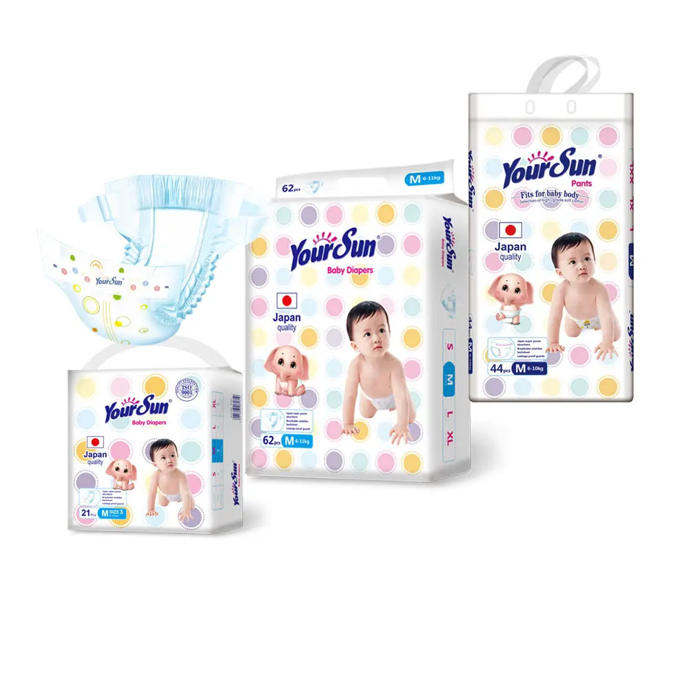 Muestra gratis pañales mágicos para bebés Japón Sandia EE. UU. Pulp Big Tape transpirable tipo YourSun pañales para bebés