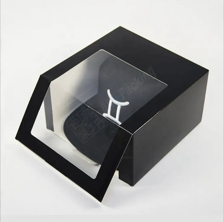 Personal isierte benutzer definierte schwarze glänzende quadratische Hutschachtel-Verpackungs boxen mit PVC-Fenster