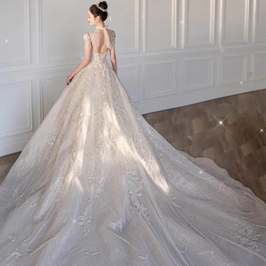 French Style Vintage Inspired Ball Gown Wedding Dress High Neck Short Sleeve Princess Waist Long Train X085 - Product Image 2