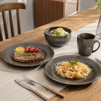 Service de table GuangDa en céramique gaufrée, style vintage simple, avec glaçure réactive mouchetée, 16 pièces (assiettes et bols), compatible micro-ondes, pour la maison