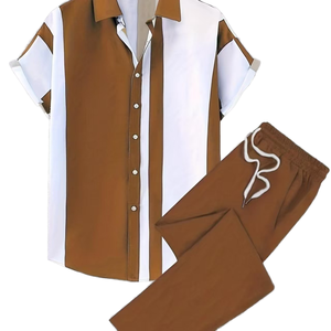 Nouvel ensemble chemise et pantalon décontracté pour homme, imprimé numérique uni, respirant, été, 100 % polyester tissé, chemise à manches courtes et pantalon long - Product Image 2