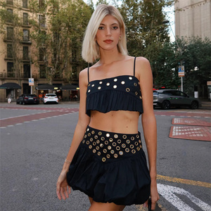 Verano moda tirantes Crop <span class=keywords><strong>Tos</strong></span> y minifaldas plisadas mujer Color sólido correa de espagueti camiseta sin mangas conjunto de 2 piezas - Product Image 3