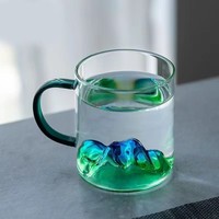 Verre à liqueur, whisky, vodka, vin en verre borosilicate transparent personnalisé, couleur au choix, avec fond en forme de montagne et poignée