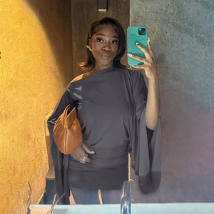 Robe sexy à épaules dénudées avec manches oversize, robe moulante mi-longue unie, design ample à taille basse, robe courte - Product Image 2