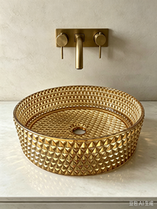 <span class=keywords><strong>Lavabo</strong></span> in Vetro Temperato Rotondo, Lavandino Dorato per Bagno, Design Moderno Europeo, Adatto per Casa, Hotel e Villa 395*395*120 - Product Image 2