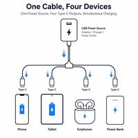 Cable USB 4 en 1 de Tipo A a Tipo C, 5V 3A, Cable de Carga Rápida, Cable Cargador USB Múltiple de TPE Duradero para Teléfono Móvil