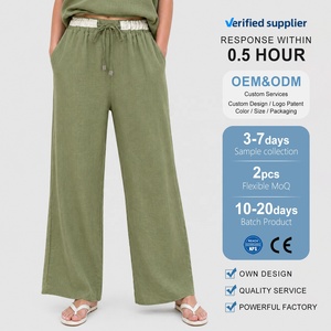 Pantalones de <span class=keywords><strong>Lino</strong></span> Personalizados al por Mayor con Etiqueta Privada OEM, Pantalones Anchos de <span class=keywords><strong>Lino</strong></span> y Algodón con Cordón para Mujer, Ropa de Verano para Vacaciones - Product Image 2