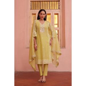 Hot Sale <b>Women</b> Yellow Ethnic Motifs Embroidered Mirror Work Pure Cotton <b>Kurta</b> with Matching Trousers and Dupatta - Product Image 3