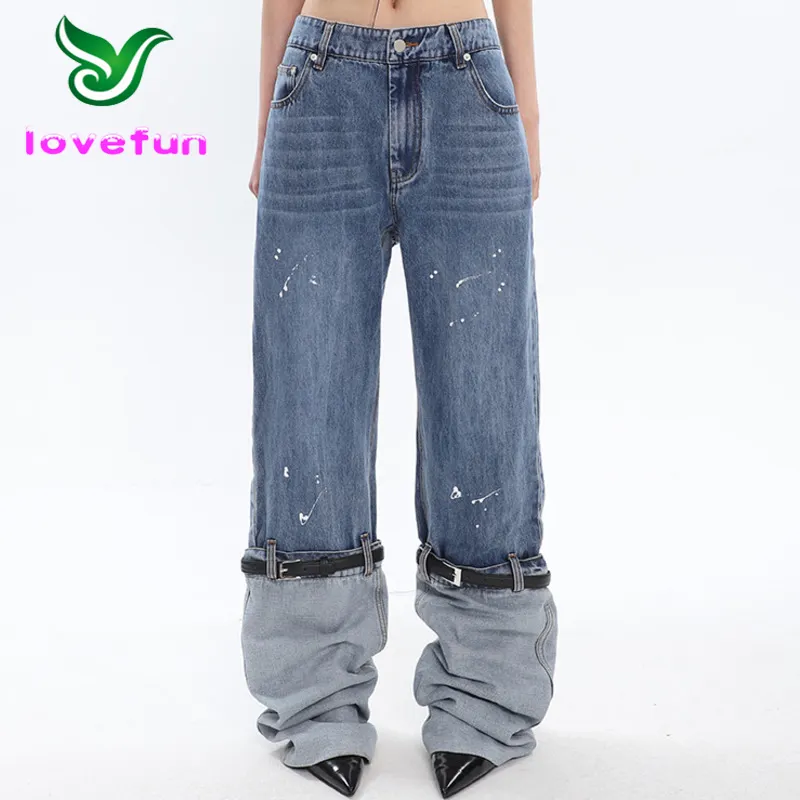 Nuovo Design abbigliamento donna vita alta Denim blu stampato Jeans a gamba larga con cintura nuovi pantaloni larghi da donna