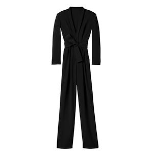 Combinaison élégante noire pour <span class=keywords><strong>femme</strong></span>, taille haute, col en V profond, manches longues, ceinturée, longueur genou, jambes larges, personnalisable, pour soirée formelle - Product Image 5