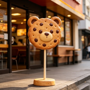 Sculpture géante personnalisée en fibre <span class=keywords><strong>de</strong></span> verre F030 en forme d'ours sur poteau, motif <span class=keywords><strong>cookie</strong></span> <span class=keywords><strong>aux</strong></span> <span class=keywords><strong>pépites</strong></span> <span class=keywords><strong>de</strong></span> <span class=keywords><strong>chocolat</strong></span>, pour décoration <span class=keywords><strong>de</strong></span> boulangerie et trottoir - Product Image 1