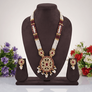 Royal <b>Ruby</b> Red Kundan Pendant Pearl Mala <b>Necklace</b> Gold Plated Beaded Long Haram Matching Earrings Traditional Bridal Wear - Product Image 1