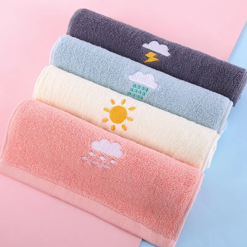 Top sale quality ansorbent skincare cute weather patterns embroidery sweet candy color bath 100% cotton cartoon kids towels