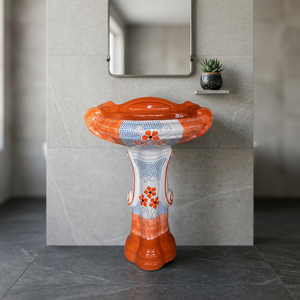 Vistaar OEM Ensemble de lavabo sur pied carré en céramique Vitrossa imprimé motif floral marron, finition Sterling, pour salle de bain de centre commercial - Product Image 5