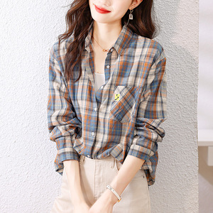 Plaid <strong>Shirt</strong> <strong>Women's</strong> Long Sleeve 2026 Spring Clothing Top Elegant Artistic Retro Cotton Casual <strong>Shirt</strong> - Product Image 1