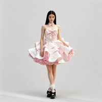 Robe de princesse pour femme, Lolita rose, robe mini sans bretelles avec nœud et volants floraux pour cosplay