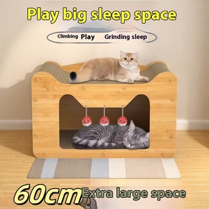 Grote Schattige Kat Kartonnen Huis Met Hangende Bal Speelgoed Kat Krabplank En Bed Meubels Voor Multi-Katten - Product Image 2