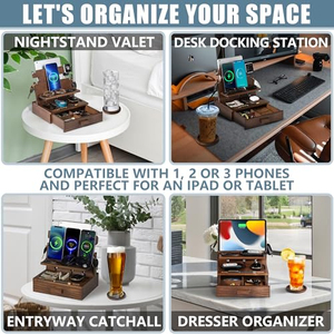 Station d'accueil pour téléphone en bois pour 3 appareils, organiseur de chevet, support de charge multifonction en bois pour téléphone, tablette, clés - Product Image 3