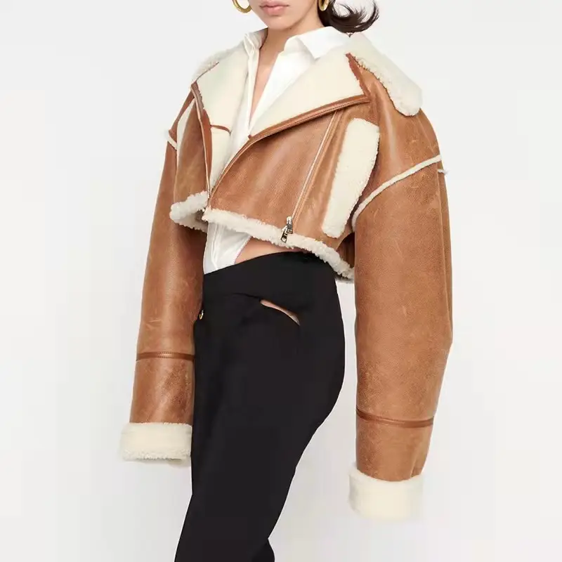 Jaket Kulit Wol Domba Wanita, Pakaian Musim Dingin Perca untuk Perempuan