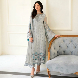 Elegant Women's <b>Silver</b> Embroidered Silk Anarkali <b>Suit</b> With Dupatta Loose Fit Ankle-Length Traditional Indian Pakistani Wedding - Product Image 1