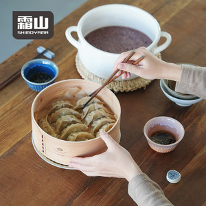 Ensemble de 3 ustensiles de cuisine SHIMOYAMA : Marmite en émail avec cuiseur vapeur en bambou et couvercle en verre, idéal pour faire bouillir, faire mijoter et cuire à la vapeur - Product Image 3
