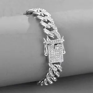 Alliage glacé fabriqué en usine avec strass bling hip hop 13mm chaîne cubaine bijoux bracelet pour hommes