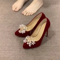 Chaussures de mariée pour femmes, talons hauts à plateforme épaisse, talons aiguilles, 7 cm, velours rouge, printemps, été, automne, nouveauté