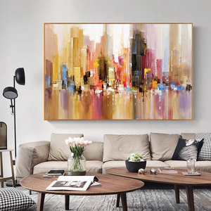 Pintura al óleo de paisaje texturizado de ciudad moderna hecha a mano, decoración de pared de lienzo, arte de pared de paisaje urbano abstracto colorido grande para la vida - Product Image 6