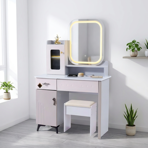 Modern <b>Makeup</b> Vanity <b>Table</b> <b>with</b> <b>Lighted</b> Mirror Storage Cabinet and Stool for Bedroom Furniture - Product Image 4