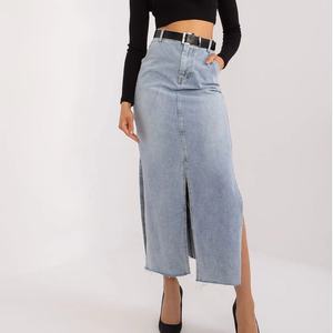 Nouvelle Arrivée Jupe Longue en Jean Taille Haute Style Cargo avec Double Fente, Bleu Vintage et Ourlet Effiloché - Product Image 3