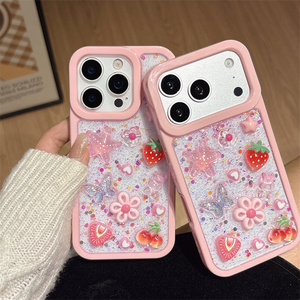 เคสโทรศัพท์มือถือลายกลิตเตอร์สตรอว์เบอร์รี่ผีเสื้อ สำหรับ iPhone 17 Air 16 15 14 Pro Max ลายดอกไม้เรซิ่นเชอร์รี่ DIY ดาว รูปหัวใจ ฝาหลัง - Product Image 2