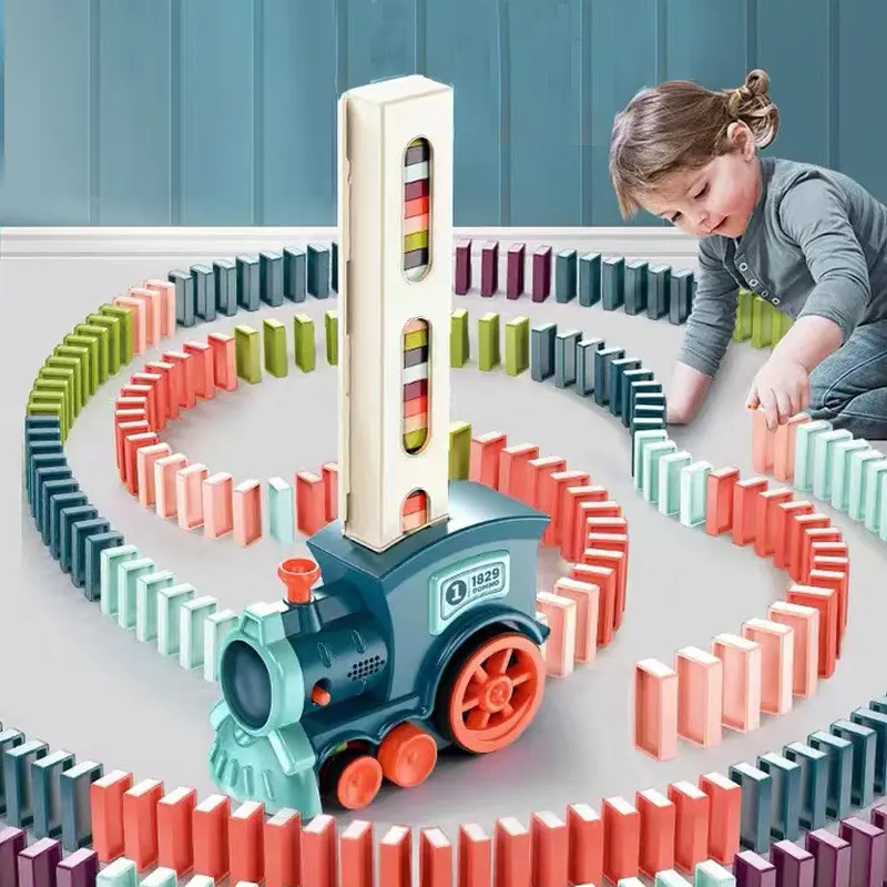 Set Domino Elektrik Anak-anak, Set Domino Kereta Api Mobil dengan Suara & Cahaya, Mainan Edukasi DIY untuk Anak-anak