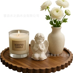 Acacia Wood Round <b>Storage</b> <b>Tray</b> With Lace Trim For Candles Home Decor Display - Product Image 5
