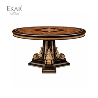 Mesa de Comedor Redonda Empire Compass-Rose |   Madera de Burl Clásica Francesa de Lujo &amp;   Mesa con Pedestal Dorado - EKAR