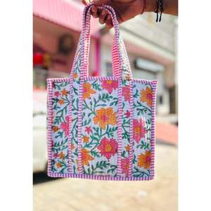 Sac fourre-tout mini matelassé en coton à imprimé floral abstrait, sac à main imprimé au bloc, sacs de shopping, sac de plage, sacs de voyage et sacs à bandoulière - Product Image 3