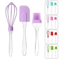 Ensemble de 3 spatules de cuisson en silicone – Brosse à badigeonner, racloir détachable, brosse ovale, fouet à œufs, manche transparent – Compatible lave-vaisselle et four