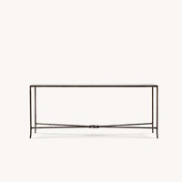 Table console élégante et moderne en or martelé, avec cadre métallique fin, barre transversale Wishbone et plateau en verre, durable, pour salon et maison