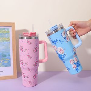 Gobelet de voiture floral de 40 oz avec poignée et paille, en acier inoxydable, isotherme, grande capacité, pour voyage, fabricant - Product Image 3