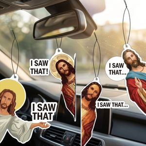 Désodorisants de voiture suspendus à la mode, découpés sur mesure en forme de « I Saw Jesus Meme », en carton absorbant haute densité, parfumés, design personnalisé - Product Image 3