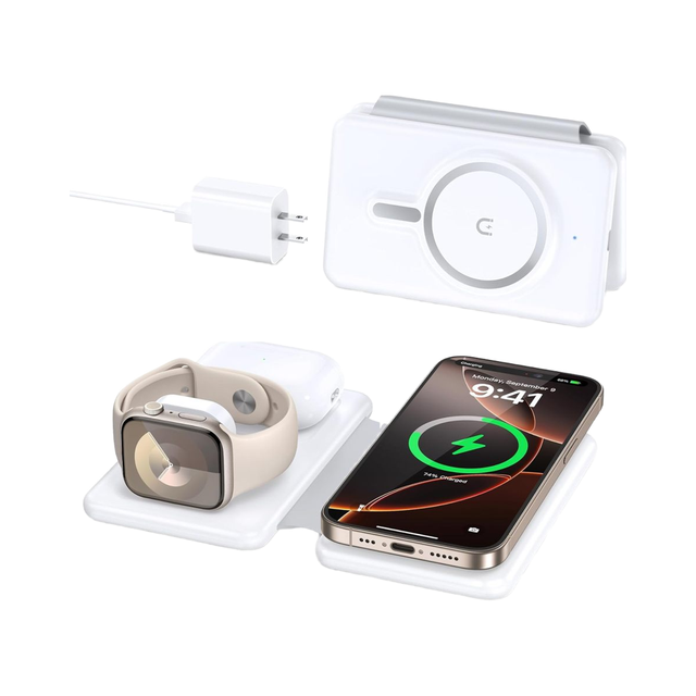 Magnetic 3-in-1 Wireless Charger for iPhone Foldable Charging Station for Apple Watch & for Airpods 4 2 Pro 15W Output
