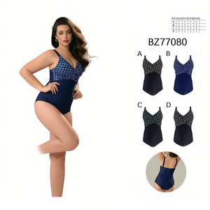 Costume da bagno intero HDJ Plus Size blu navy con controllo pancia, scollo a V e stampa geometrica, modello aderente BZ77080 - Product Image 2