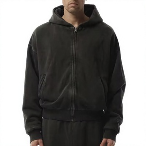 Sudadera Unisex Negra con Capucha y Cremallera, de Forro Polar, Oversize, Casual, Color Liso, Largo Recortado, de Algodón Tejido, Invierno, Vintage, con Logotipo Personalizado - Product Image 1