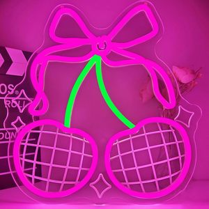 Letrero de Neón con Diseño de Bola de Discoteca y Cereza para Decoración de Pared, Letrero LED de Neón con Lazo de Cereza Rosa, Decoración de Habitación <span class=keywords><strong>Coqueta</strong></span>, Letreros de Neón Personalizados - Product Image 2