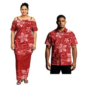 Conjuntos de Vestidos Puletasi con Estampado Floral Samoano para Parejas, Camisas Aloha con Botones de Coco, Estilo Tribal Polinesio, Poliéster, Moda para Adultos - Product Image 1