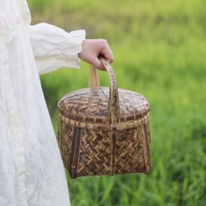 <b>Bamboo</b> Woven Basket Round Food <b>Container</b> Natural Color Handheld Kitchen Storage Tea Ceremony Gift - Product Image 2