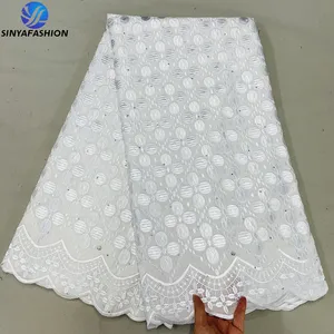 Best Quality White Comfortable Cotton Lace Mesh Net Lace Tulle Fabric With Beaded In Switzerland 100% Cotton For Women Dress