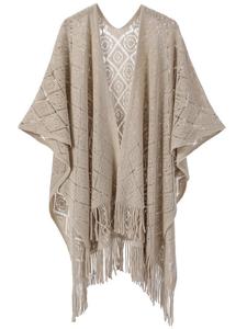 Hollow Out Knitted Tassel <b>Poncho</b> Shawl for Women Nordic Minimalist Open Front <b>Cape</b> Wrap Breathable Cover Up Casual Daily Shawl - Product Image 5